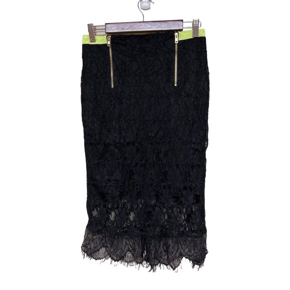 Gibson & Latimer Women's Skirt Black Lace Yellow Neon Zipper Trim Layer Size 8 - Picture 1 of 11